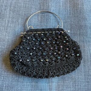 Black Beaded Handbag with Silver Handle